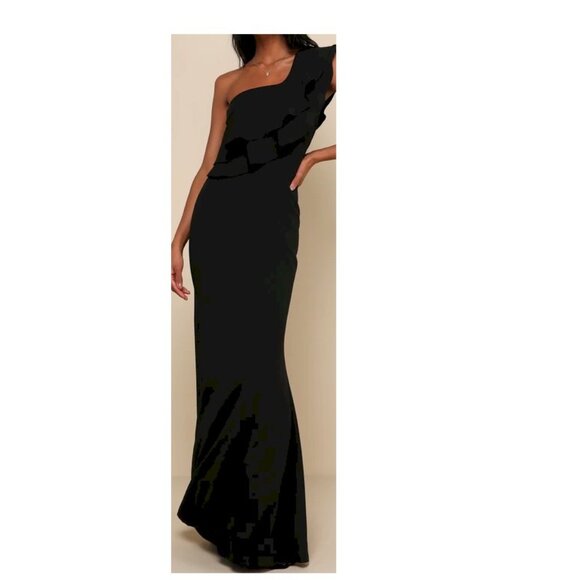 Lulus Grand Beauty Black Ruffled One-Shoulder Mermaid Maxi Dress Size Small NWT - Picture 4 of 10